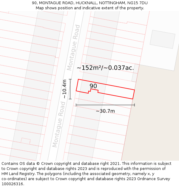 90, MONTAGUE ROAD, HUCKNALL, NOTTINGHAM, NG15 7DU: Plot and title map