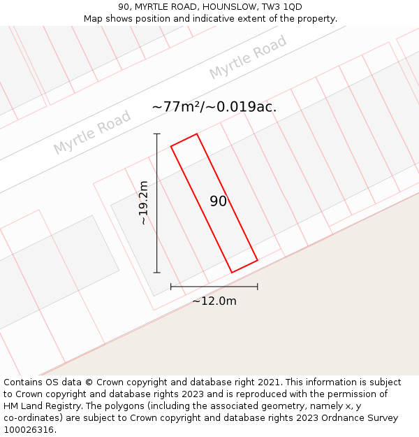 90, MYRTLE ROAD, HOUNSLOW, TW3 1QD: Plot and title map