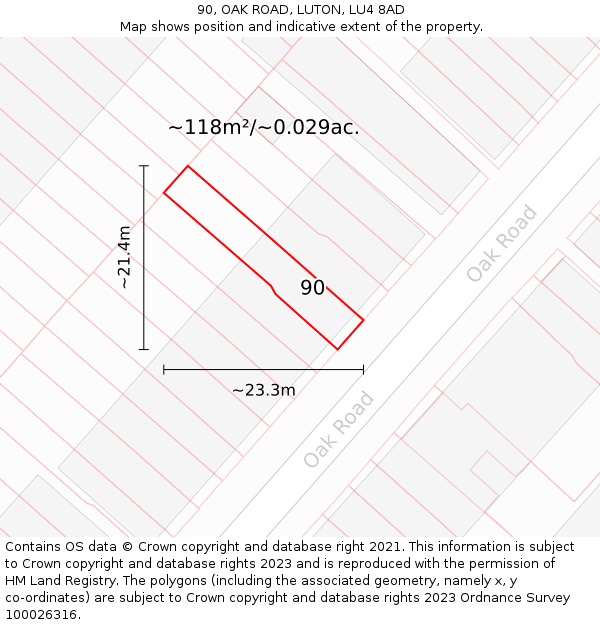 90, OAK ROAD, LUTON, LU4 8AD: Plot and title map