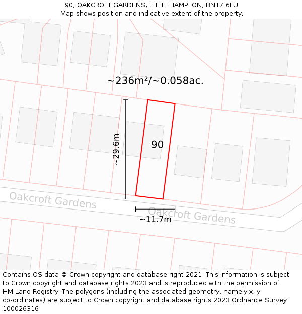 90, OAKCROFT GARDENS, LITTLEHAMPTON, BN17 6LU: Plot and title map