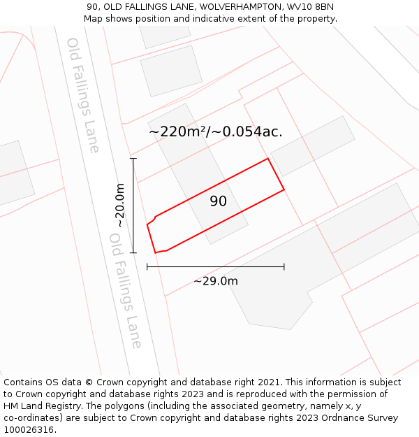 90, OLD FALLINGS LANE, WOLVERHAMPTON, WV10 8BN: Plot and title map