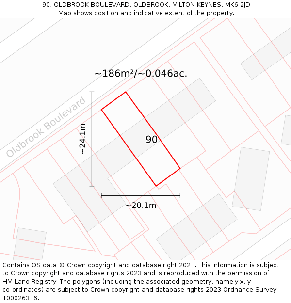 90, OLDBROOK BOULEVARD, OLDBROOK, MILTON KEYNES, MK6 2JD: Plot and title map