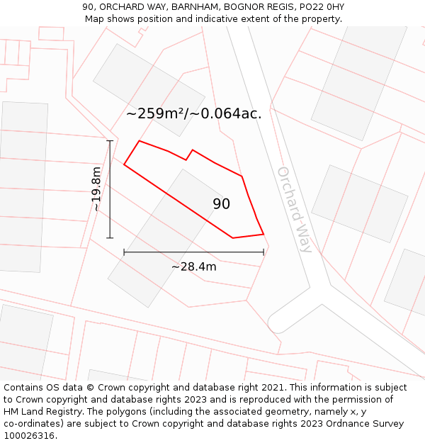 90, ORCHARD WAY, BARNHAM, BOGNOR REGIS, PO22 0HY: Plot and title map