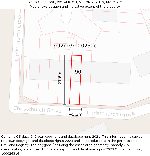 90, ORIEL CLOSE, WOLVERTON, MILTON KEYNES, MK12 5FG: Plot and title map