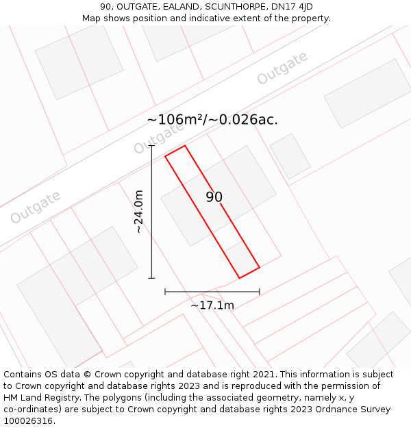 90, OUTGATE, EALAND, SCUNTHORPE, DN17 4JD: Plot and title map