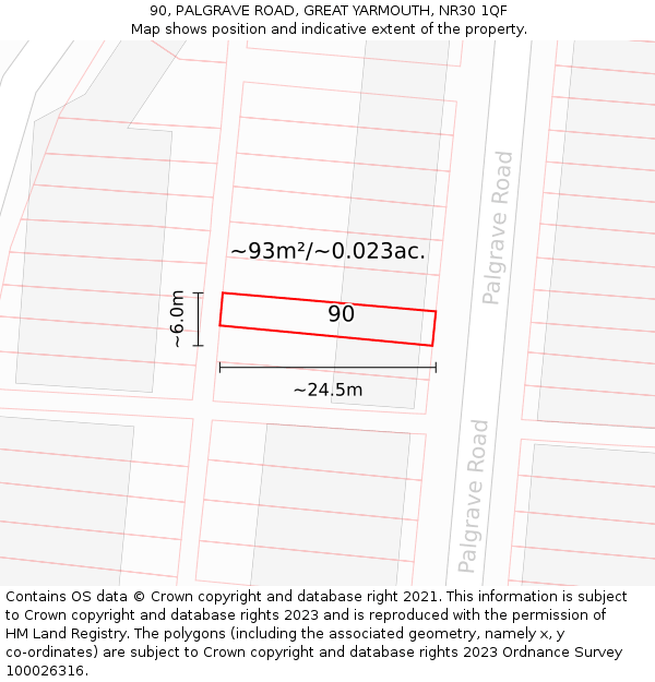 90, PALGRAVE ROAD, GREAT YARMOUTH, NR30 1QF: Plot and title map