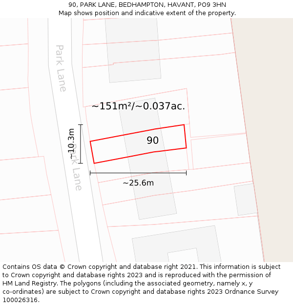 90, PARK LANE, BEDHAMPTON, HAVANT, PO9 3HN: Plot and title map