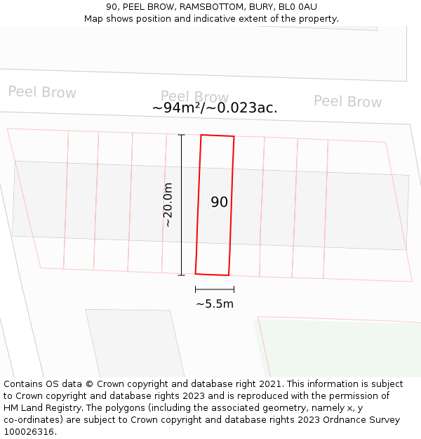 90, PEEL BROW, RAMSBOTTOM, BURY, BL0 0AU: Plot and title map