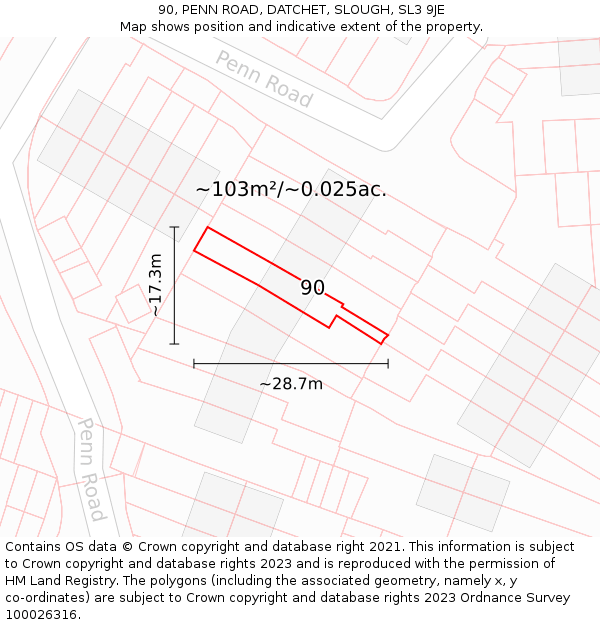 90, PENN ROAD, DATCHET, SLOUGH, SL3 9JE: Plot and title map