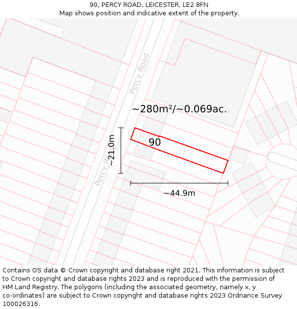 90, PERCY ROAD, LEICESTER, LE2 8FN: Plot and title map