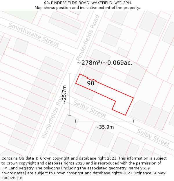 90, PINDERFIELDS ROAD, WAKEFIELD, WF1 3PH: Plot and title map