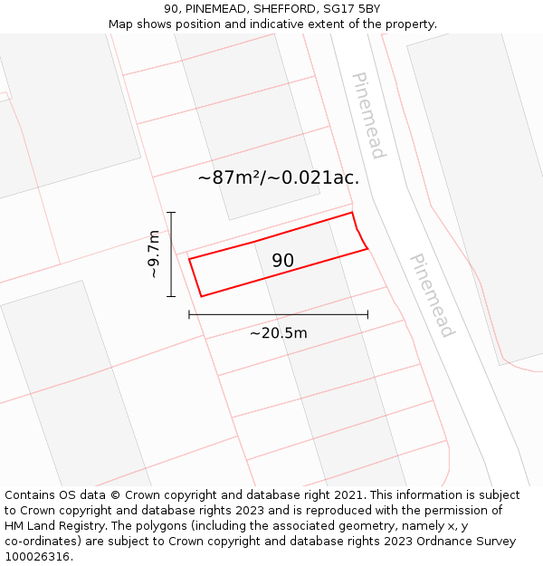 90, PINEMEAD, SHEFFORD, SG17 5BY: Plot and title map