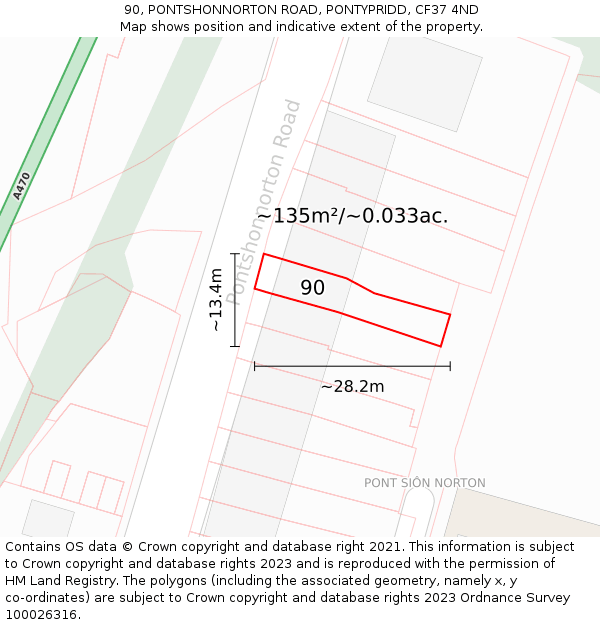 90, PONTSHONNORTON ROAD, PONTYPRIDD, CF37 4ND: Plot and title map