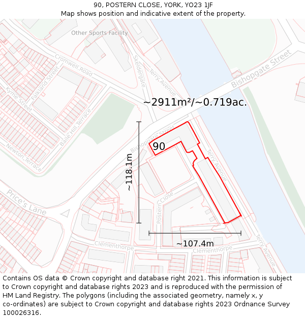 90, POSTERN CLOSE, YORK, YO23 1JF: Plot and title map