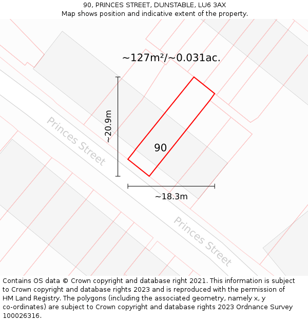 90, PRINCES STREET, DUNSTABLE, LU6 3AX: Plot and title map