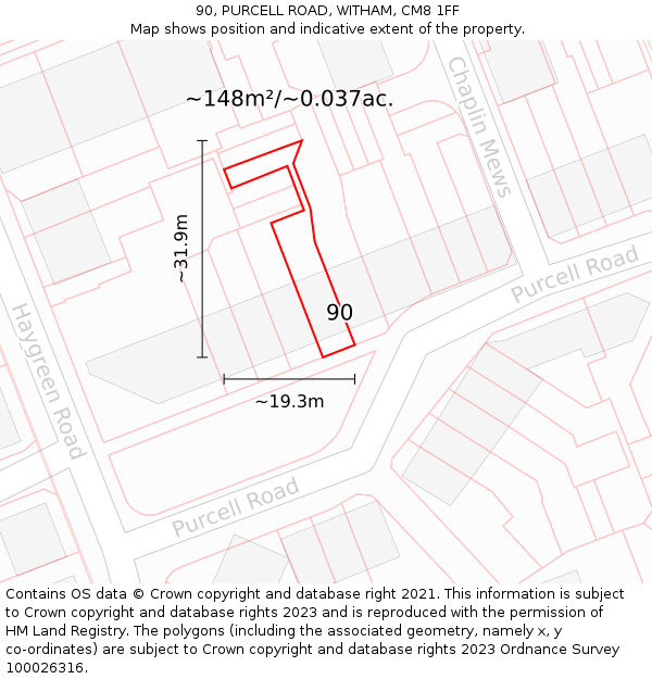 90, PURCELL ROAD, WITHAM, CM8 1FF: Plot and title map