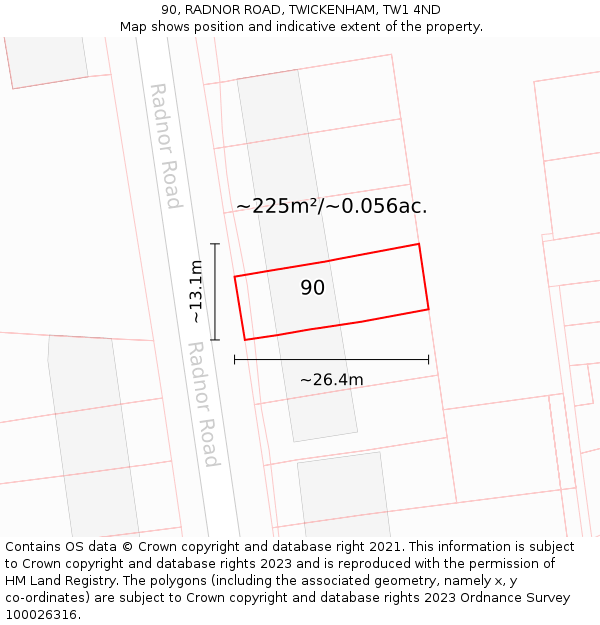 90, RADNOR ROAD, TWICKENHAM, TW1 4ND: Plot and title map