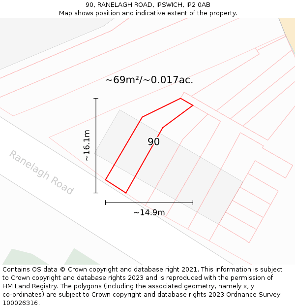 90, RANELAGH ROAD, IPSWICH, IP2 0AB: Plot and title map