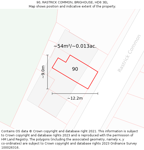 90, RASTRICK COMMON, BRIGHOUSE, HD6 3EL: Plot and title map