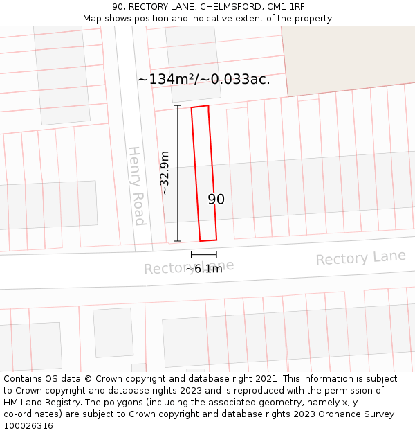 90, RECTORY LANE, CHELMSFORD, CM1 1RF: Plot and title map
