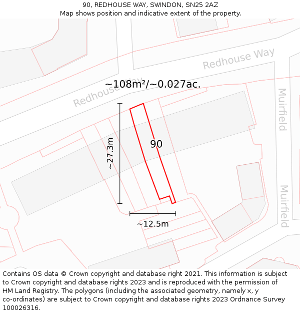 90, REDHOUSE WAY, SWINDON, SN25 2AZ: Plot and title map