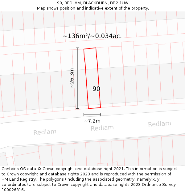 90, REDLAM, BLACKBURN, BB2 1UW: Plot and title map
