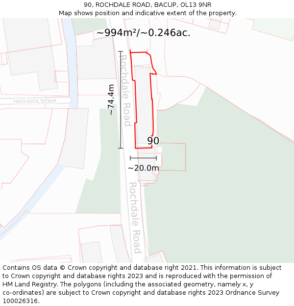 90, ROCHDALE ROAD, BACUP, OL13 9NR: Plot and title map