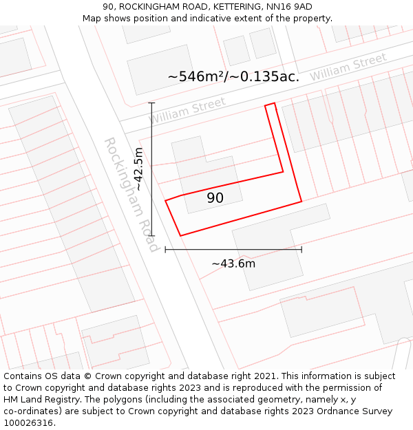 90, ROCKINGHAM ROAD, KETTERING, NN16 9AD: Plot and title map