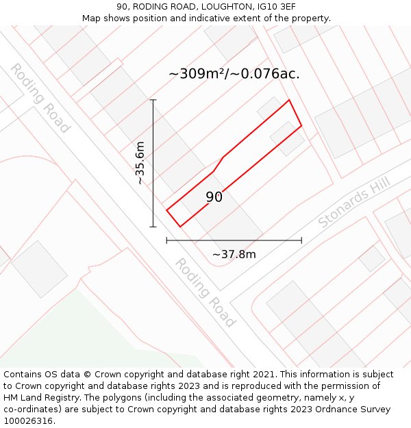90, RODING ROAD, LOUGHTON, IG10 3EF: Plot and title map
