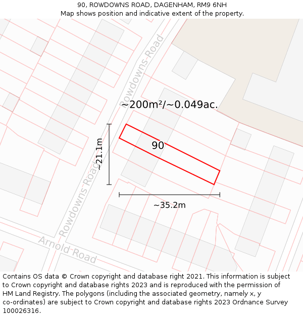 90, ROWDOWNS ROAD, DAGENHAM, RM9 6NH: Plot and title map