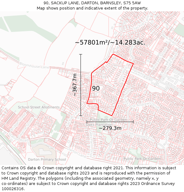90, SACKUP LANE, DARTON, BARNSLEY, S75 5AW: Plot and title map