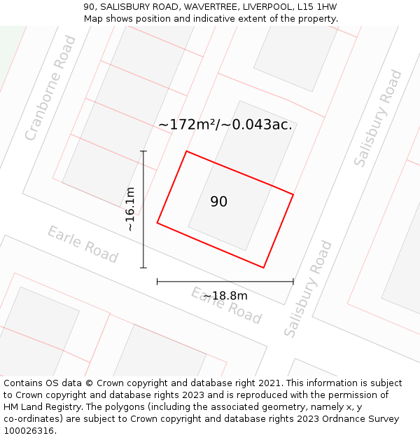 90, SALISBURY ROAD, WAVERTREE, LIVERPOOL, L15 1HW: Plot and title map