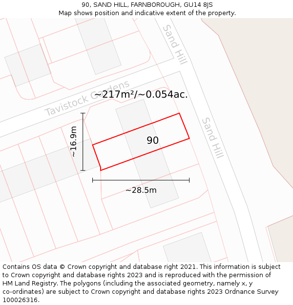 90, SAND HILL, FARNBOROUGH, GU14 8JS: Plot and title map