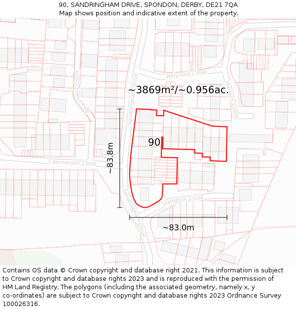 90, SANDRINGHAM DRIVE, SPONDON, DERBY, DE21 7QA: Plot and title map