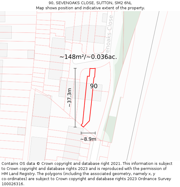 90, SEVENOAKS CLOSE, SUTTON, SM2 6NL: Plot and title map