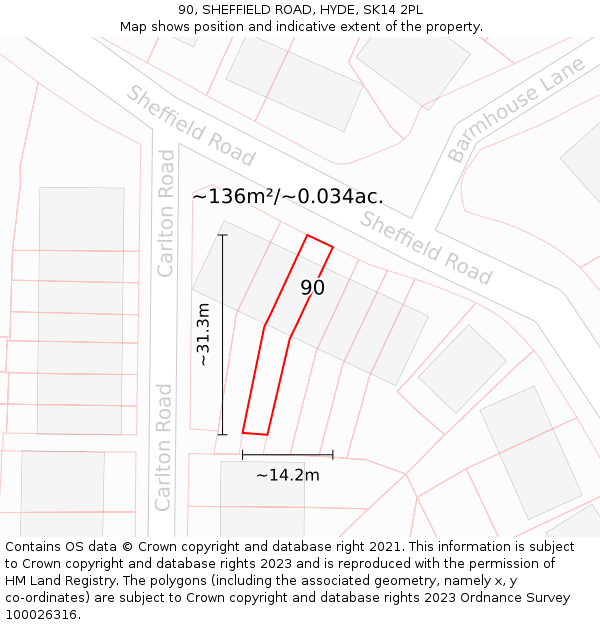 90, SHEFFIELD ROAD, HYDE, SK14 2PL: Plot and title map