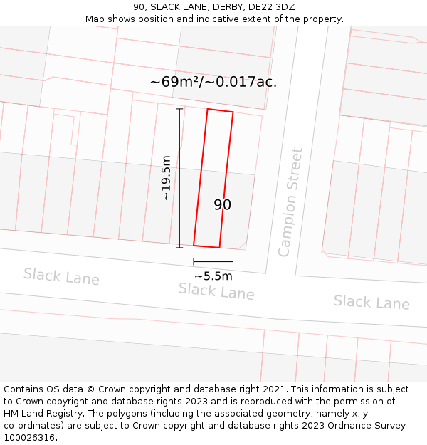 90, SLACK LANE, DERBY, DE22 3DZ: Plot and title map
