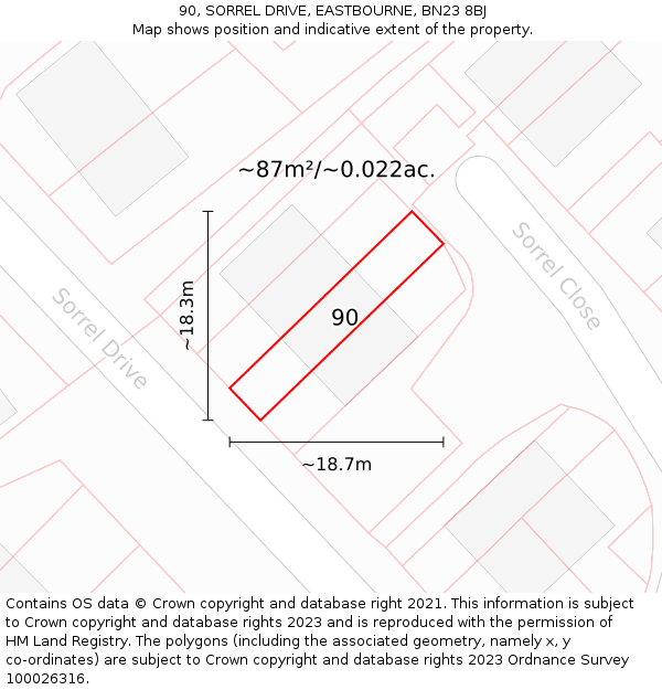 90, SORREL DRIVE, EASTBOURNE, BN23 8BJ: Plot and title map