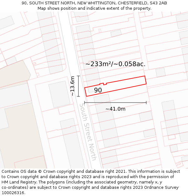 90, SOUTH STREET NORTH, NEW WHITTINGTON, CHESTERFIELD, S43 2AB: Plot and title map
