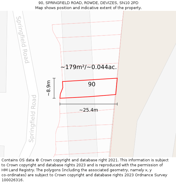 90, SPRINGFIELD ROAD, ROWDE, DEVIZES, SN10 2PD: Plot and title map