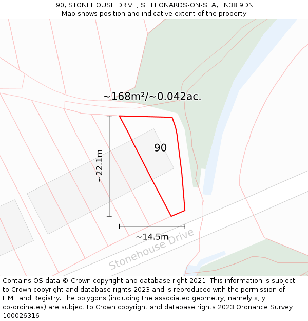 90, STONEHOUSE DRIVE, ST LEONARDS-ON-SEA, TN38 9DN: Plot and title map