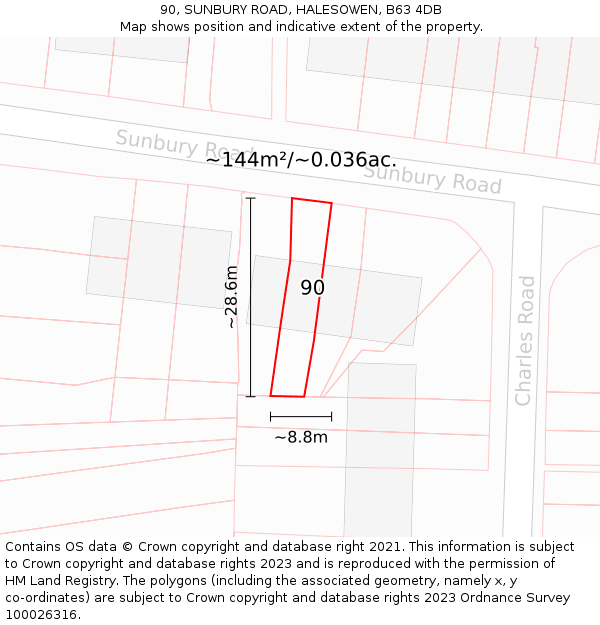 90, SUNBURY ROAD, HALESOWEN, B63 4DB: Plot and title map
