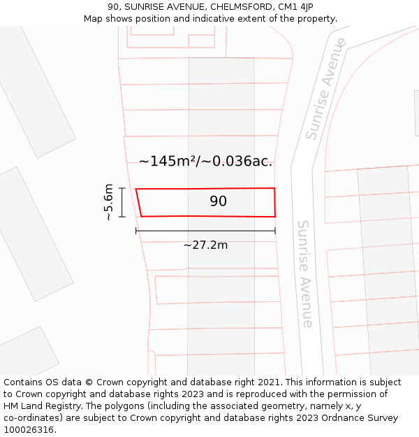 90, SUNRISE AVENUE, CHELMSFORD, CM1 4JP: Plot and title map