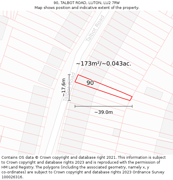 90, TALBOT ROAD, LUTON, LU2 7RW: Plot and title map