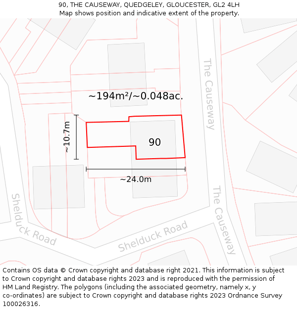 90, THE CAUSEWAY, QUEDGELEY, GLOUCESTER, GL2 4LH: Plot and title map