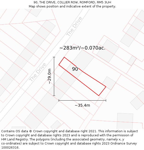 90, THE DRIVE, COLLIER ROW, ROMFORD, RM5 3UH: Plot and title map