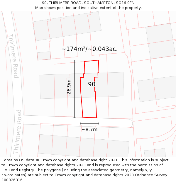 90, THIRLMERE ROAD, SOUTHAMPTON, SO16 9FN: Plot and title map