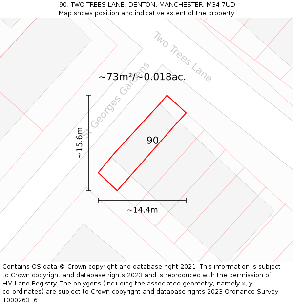 90, TWO TREES LANE, DENTON, MANCHESTER, M34 7UD: Plot and title map