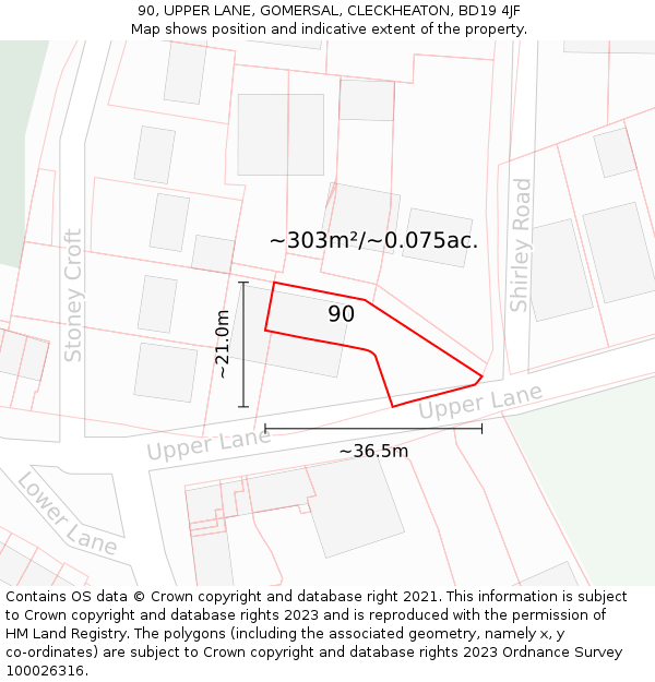 90, UPPER LANE, GOMERSAL, CLECKHEATON, BD19 4JF: Plot and title map