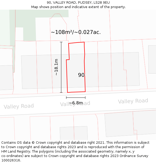 90, VALLEY ROAD, PUDSEY, LS28 9EU: Plot and title map